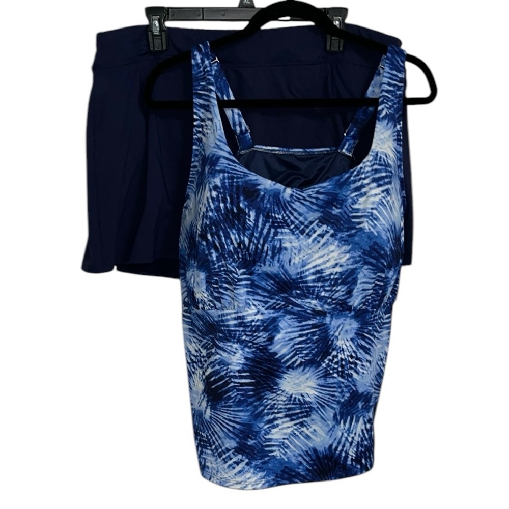 Plus Size Tankini Lands’ End Blue White Tie Dye Swimsuit Set (20W)